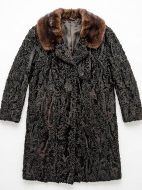 Vintage 100% Genuine Persian Lamb Fur Coat Mink Collar - Size M Petite